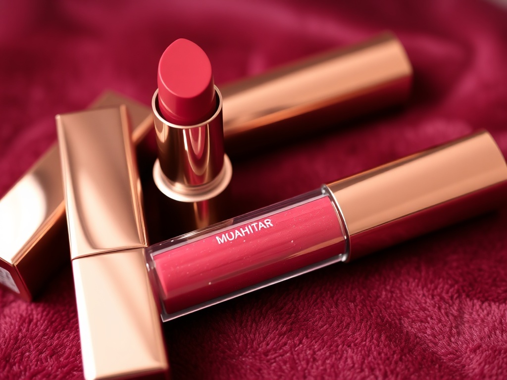 a close-up of glossy lip products in rose gold packaging on a velvet surface