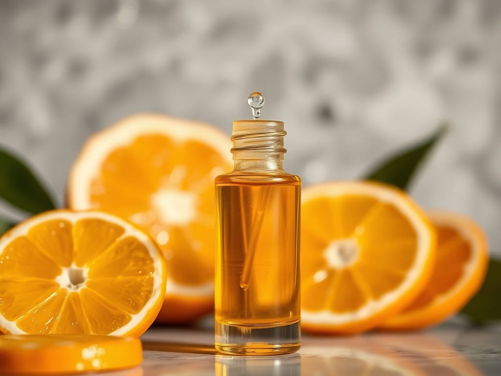 a dropper bottle of golden vitamin c serum with orange slices and dewy skin texture in the background